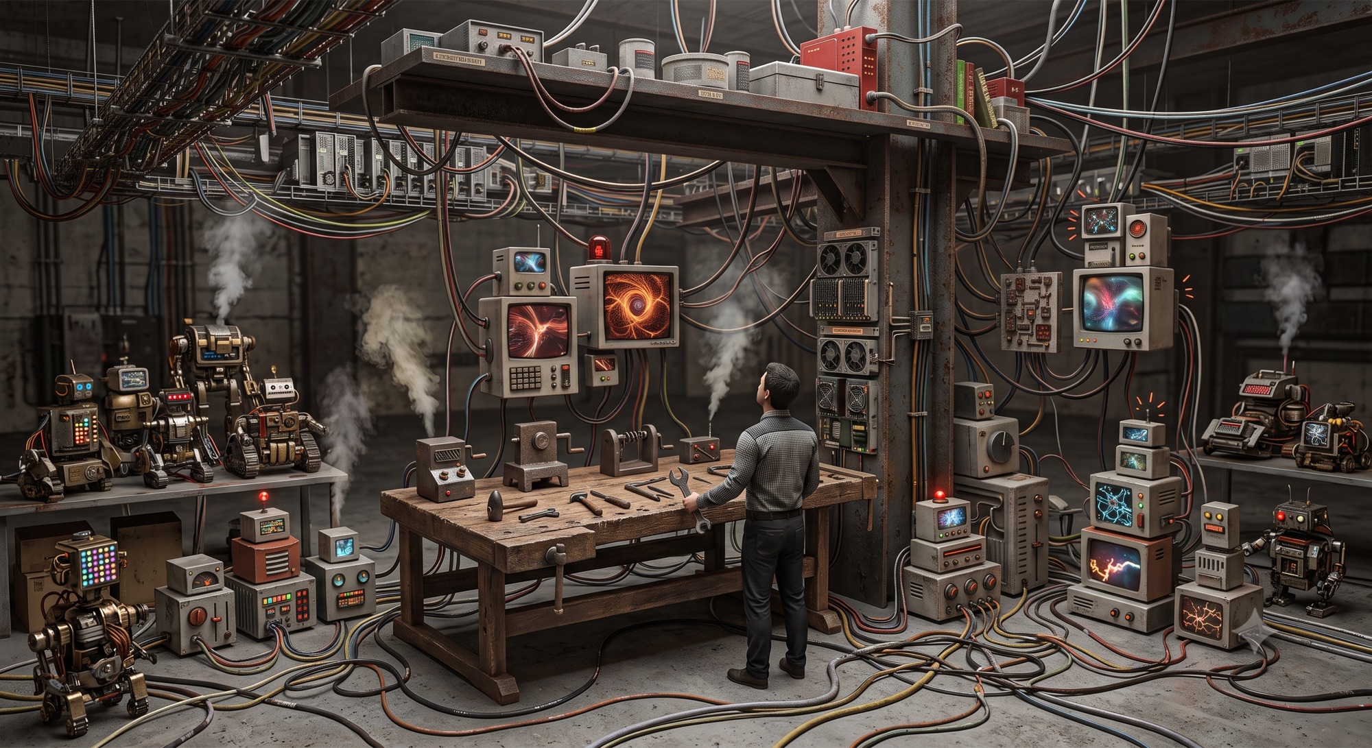 Fotorealistische Szene in einer düsteren Werkstatt: Ein Mensch steht von hinten allein an einer Holzwerkbank mit ein paar Handwerkzeugen, umgeben von Dutzenden kleiner selbstgebauter Maschinen, Retro-Robotern und Kästen mit bunt leuchtenden Bildschirmen. Über allem ein dichtes Gewirr farbiger Kabel, dazwischen aufsteigender Dampf und ein großer Stahlträger. Der Mensch ist der Einzige, der das Ganze am Laufen hält.