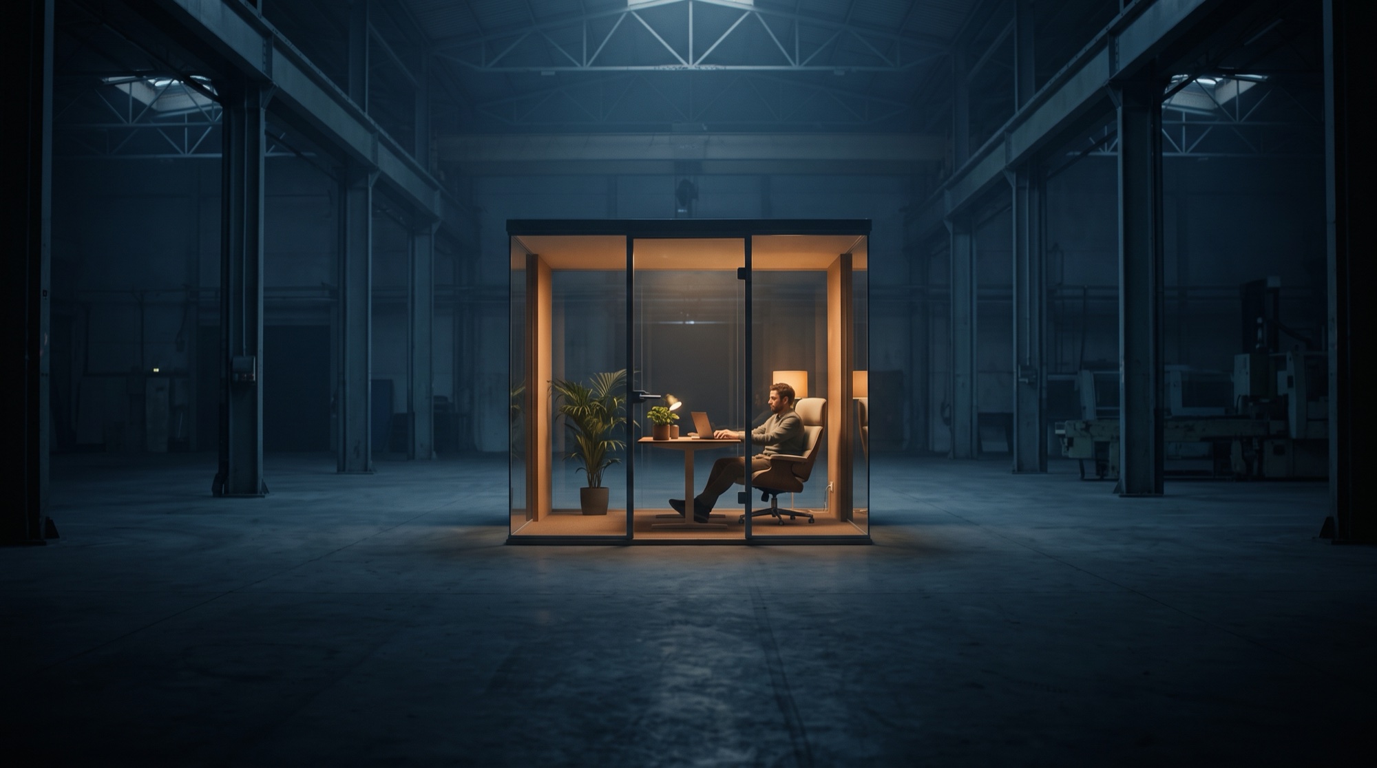 Fotorealistisches Kino-Still: eine riesige, dunkle, leere Fabrikhalle in kaltem Blau. In ihrer Mitte steht ein kleiner Glaskubus, warm beleuchtet und wohnlich eingerichtet, mit Schreibtisch, Pflanze und Lampe. Darin sitzt ein Mensch entspannt am Laptop. Die gläserne Tür ist geschlossen, rundherum nur Beton und Dunkelheit.