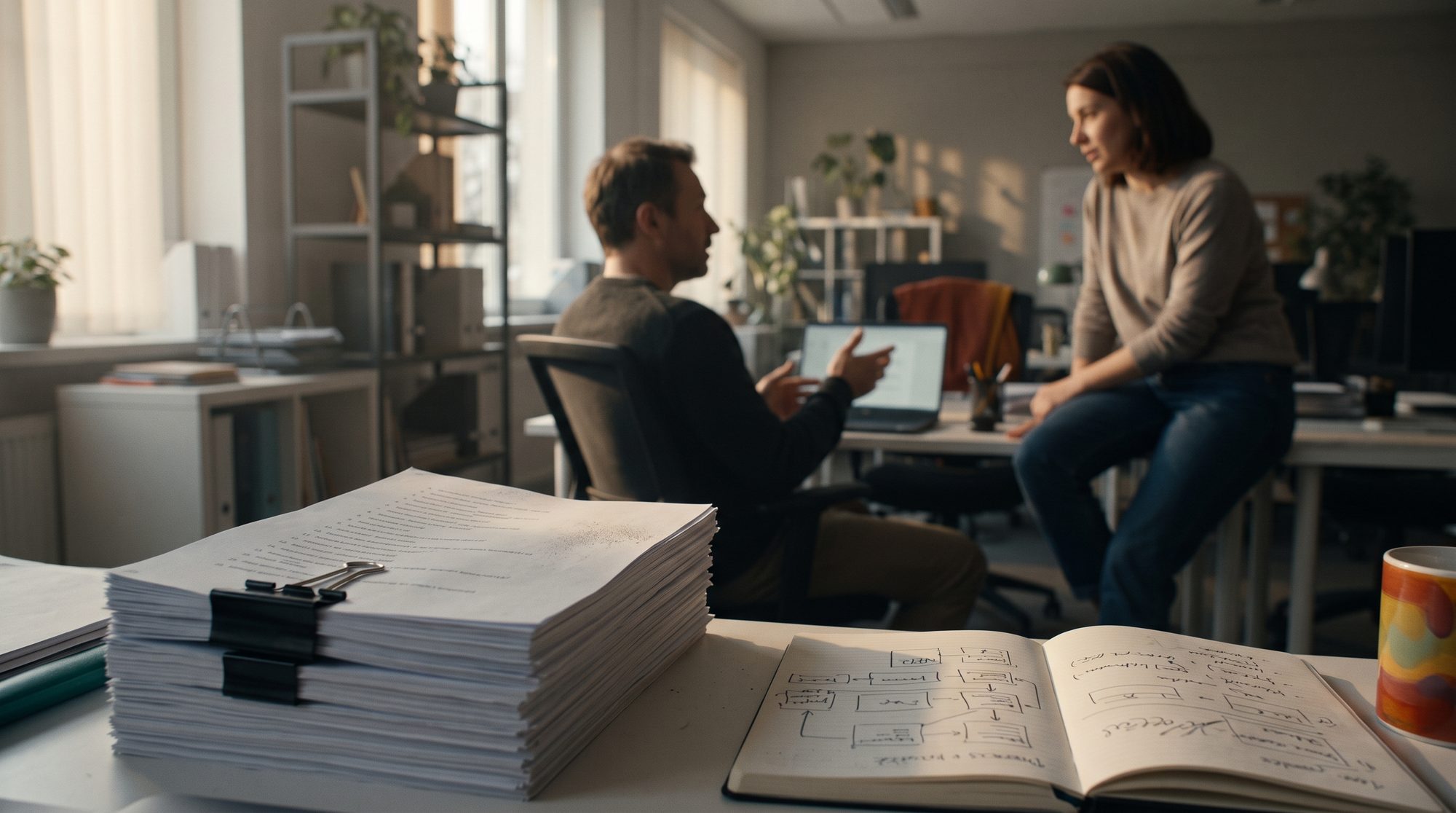 Fotorealistisches Kino-Still: ein helles Büro am späten Nachmittag. Im Vordergrund liegt ein dicker, mit einer Klammer gebündelter Stapel ausgedruckter Listen, unberührt, daneben ein offenes Notizbuch mit handgezeichneten Kästchen und Pfeilen. Dahinter sitzt ein Mann am Laptop und spricht mit einer Kollegin, die an der Schreibtischkante lehnt. Die beiden hören einander zu, der Stapel liegt im Schatten.