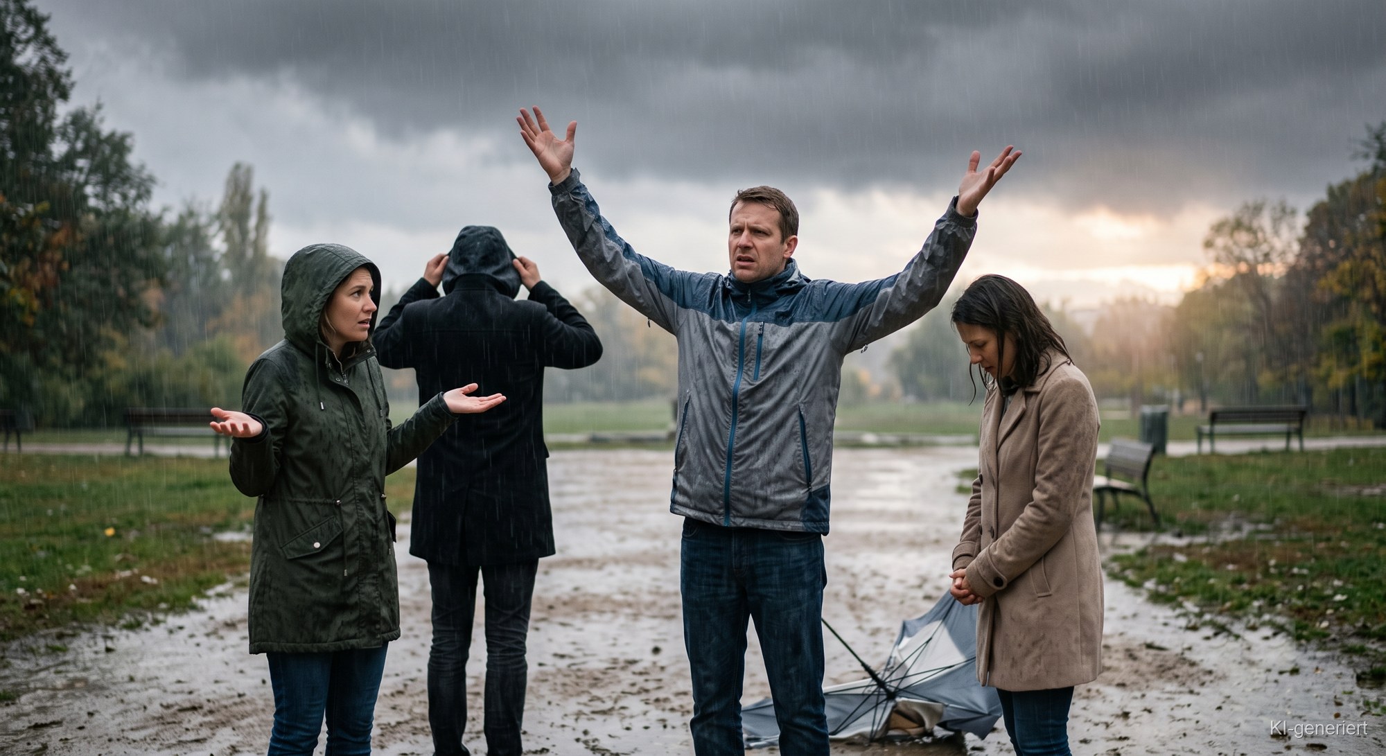 Fotorealistische Szene: Vier Menschen stehen im plötzlichen Regen auf einem matschigen Parkweg unter grauem Himmel. In der Mitte reißt ein Mann beide Arme hoch, als sei der verregnete Tag die Schuld aller anderen und des Wetters. Links zuckt eine Frau mit offenen Händen, dahinter zieht sich jemand die Kapuze über den Kopf, rechts blickt eine Frau resigniert zu Boden. Am Boden liegt ein vom Wind zerbrochener Regenschirm.