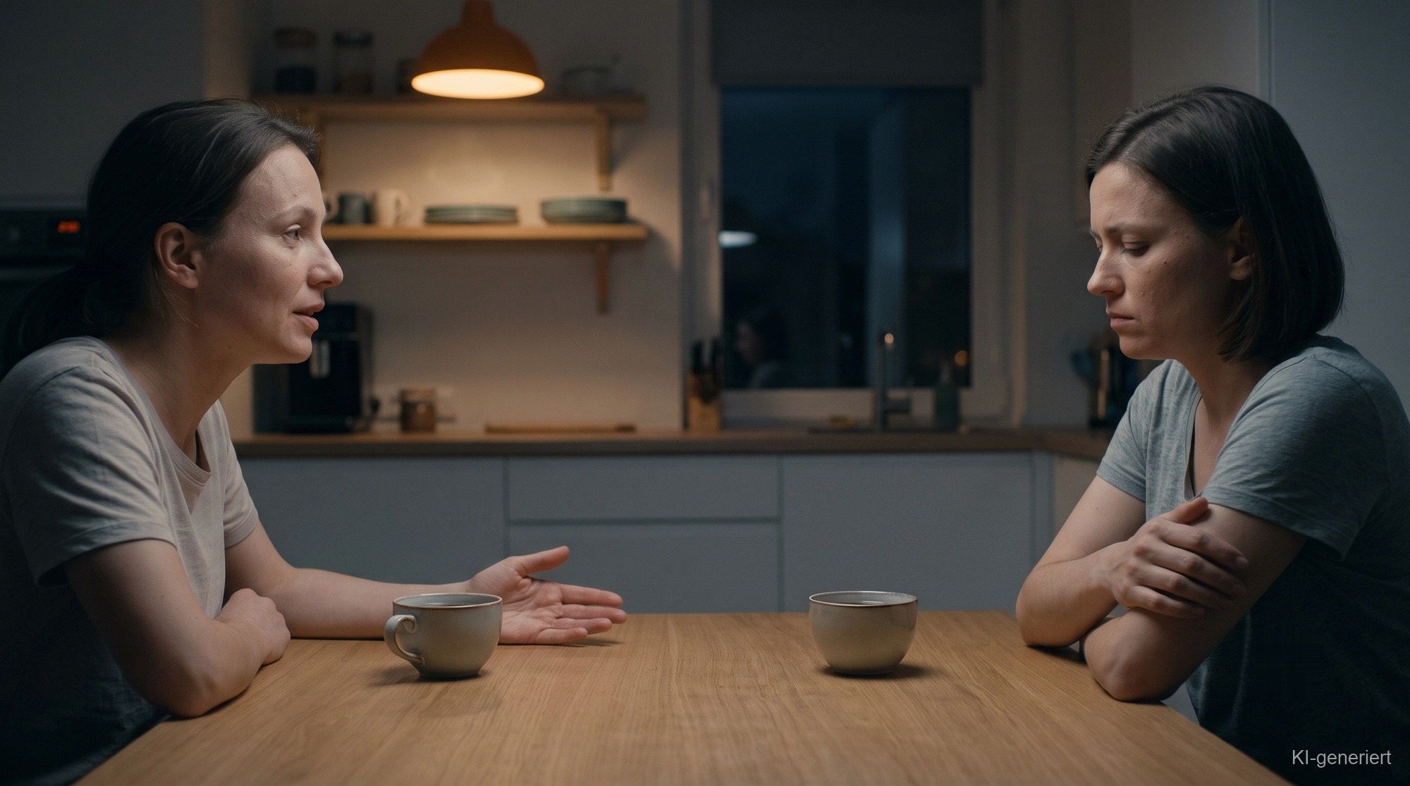 Fotorealistische Szene in einer modernen Küche im warmen Abendlicht: Zwei Frauen sitzen einander an einem Holztisch gegenüber, zwei Teetassen zwischen ihnen. Die linke lehnt sich leicht vor, das Gesicht offen, eine Hand mit der Handfläche nach oben auf dem Tisch, mitten im Sprechen. Die rechte hat sich zurückgelehnt, die Schultern angespannt, den Blick gesenkt und schon verletzt, ein Arm beginnt sich vor dem Körper zu verschränken.