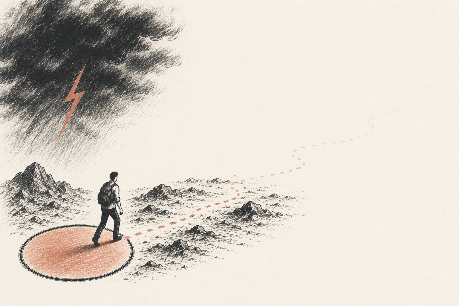 Illustration im Tinte-und-Terrakotta-Stil: Ein Mensch mit kleinem Rucksack tritt aus einem terrakottafarbenen Kreis, seiner Komfortzone, hinaus in eine felsige Landschaft. Ein blasser gepunkteter Pfad schwingt nach rechts und verliert sich im leeren Papier, ohne Ziel am Ende. Oben links eine dunkle Gewitterwolke mit einem terrakottafarbenen Blitz als Sinnbild der Angst.