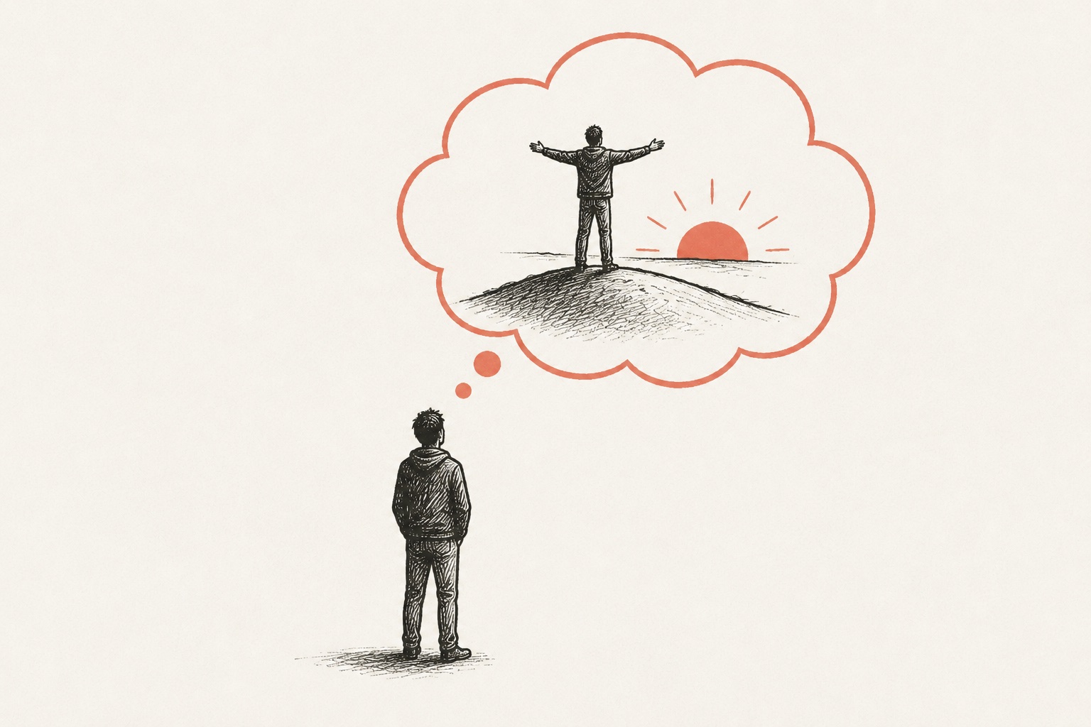 Illustration im Tinte-und-Terrakotta-Stil: Ein Mensch steht im Vordergrund und blickt nach oben zu einer Gedankenblase, in der sein strahlendes Zukunfts-Ich mit offenen Armen auf einem Hügel unter einer aufgehenden Sonne steht.