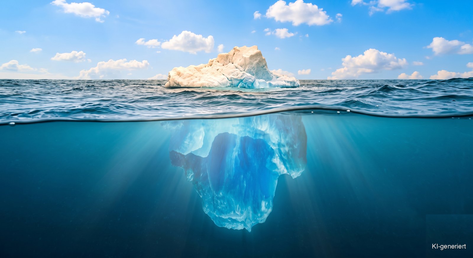 Fotorealistische Aufnahme: ein Eisberg in ruhiger See, an der Wasserlinie geteilt. Über Wasser nur die kleine Spitze, darunter im klaren blaugrünen Wasser die weit größere Masse, ein Vielfaches der sichtbaren Spitze. Weiche Lichtstrahlen fallen ins Wasser. KI-generiert.