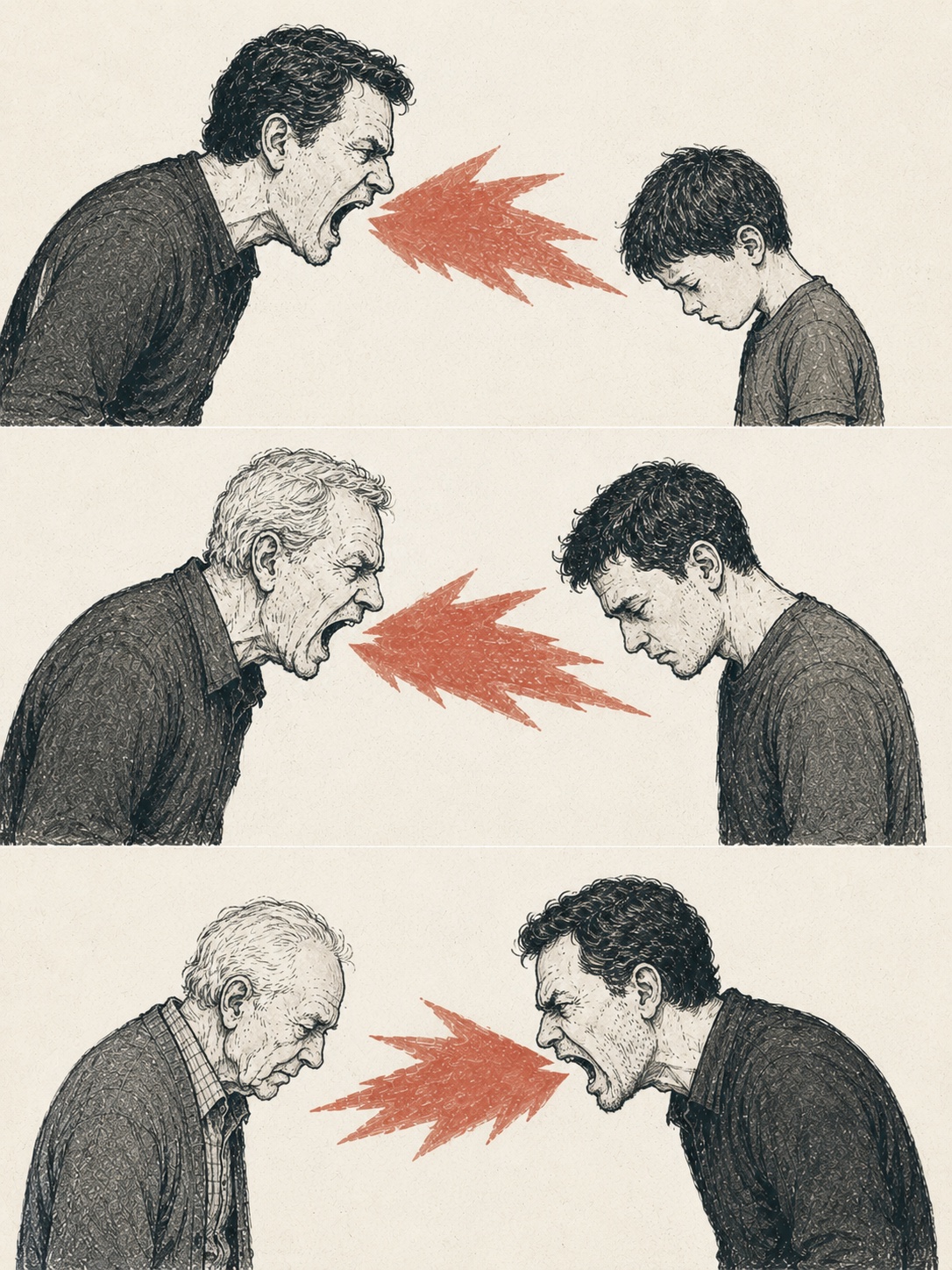 Comic in drei Bildern: ein wütender Vater brüllt sein Kind an, das den Kopf senkt; dann brüllt der gealterte Vater den erwachsenen Sohn an; zuletzt brüllt der Sohn den greisen, gebeugten Vater an.