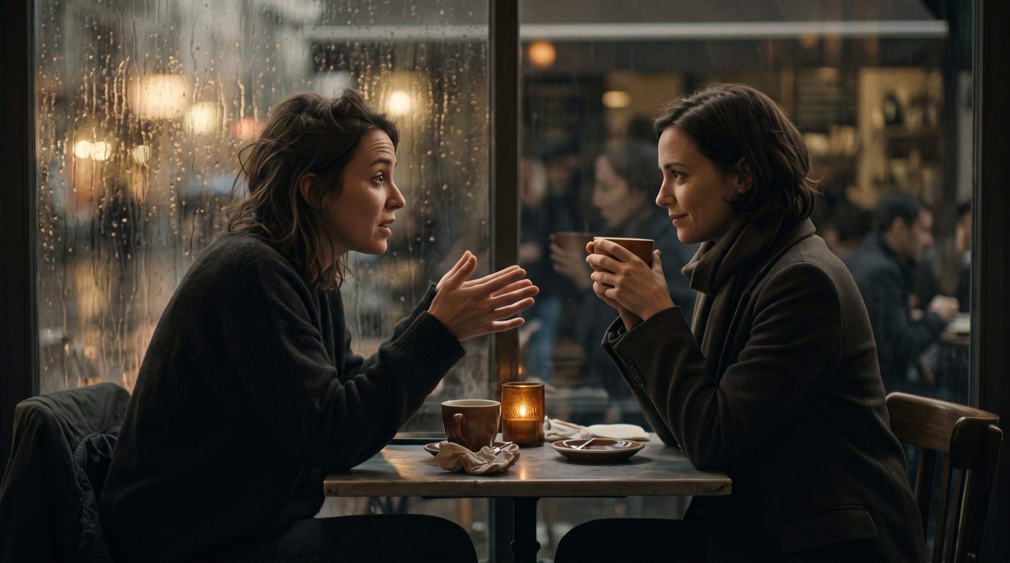 Fotorealistisches Kino-Still: ein kleines Café am Abend, Regen auf der Fensterscheibe, eine Kerze auf dem Tisch. Zwei Frauen um die dreißig sitzen sich gegenüber. Links erzählt eine Frau lebhaft und gestikuliert mit offenen Händen. Rechts hält die andere ihre Tasse mit beiden Händen, hört aufmerksam zu und lächelt leicht, ohne etwas von sich preiszugeben.