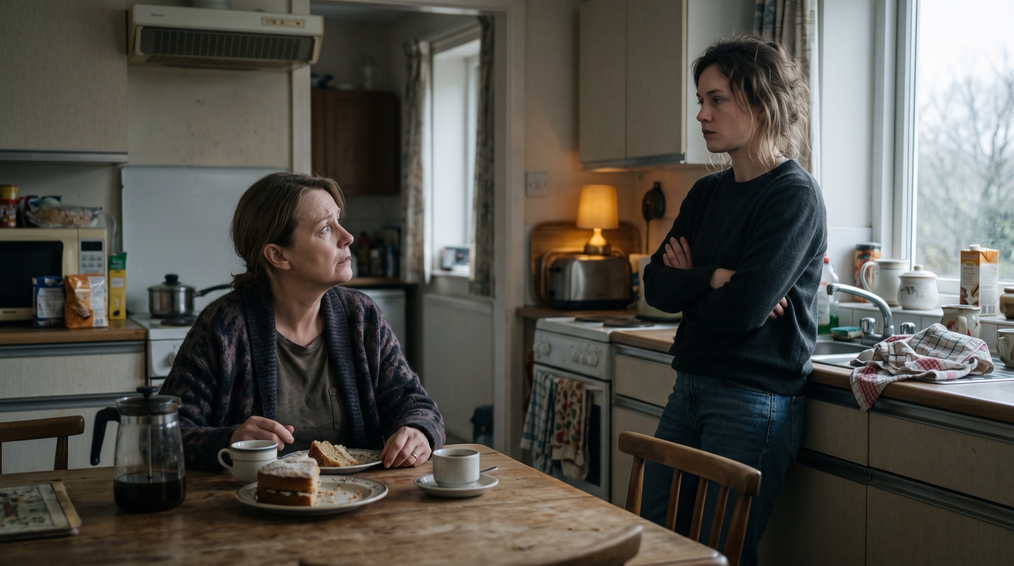 Fotorealistisches Kino-Still: die Küche eines Elternhauses an einem grauen Sonntagnachmittag, Kuchen und Kaffeetassen auf dem Holztisch. Eine Frau um die sechzig sitzt am Tisch und schaut verletzt und ratlos zu ihrer erwachsenen Tochter auf. Die Tochter lehnt mit verschränkten Armen an der Küchenzeile, ruhig, ernst und auf Abstand.
