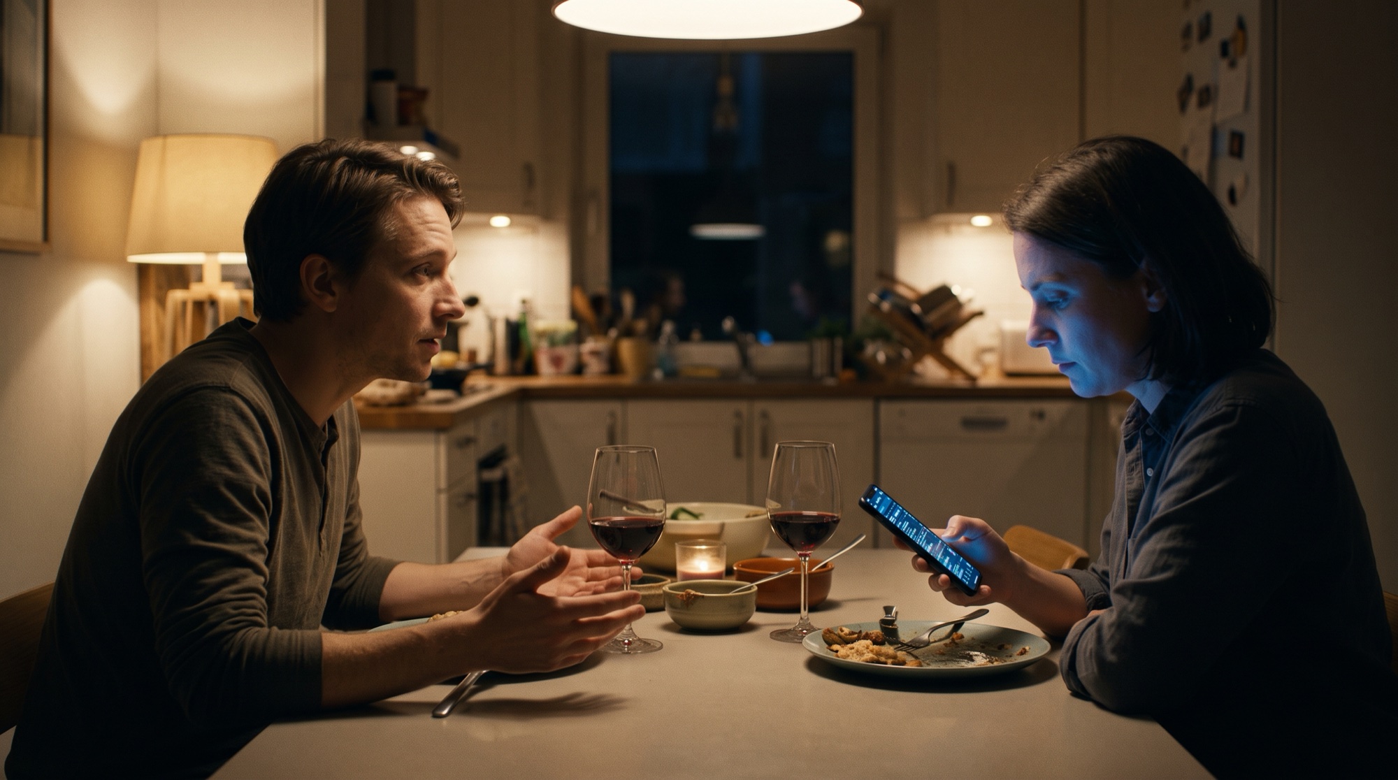 Fotorealistisches Kino-Still: zwei Menschen um die dreißig sitzen sich abends am Küchentisch gegenüber, zwischen ihnen Weingläser und halb leere Teller. Links beugt sich ein Mann vor und erzählt mit offenen Händen, sein Blick sucht ihr Gesicht. Rechts sitzt eine Frau, das Gesicht blau angeleuchtet vom Handy in ihrer Hand, und scrollt, ohne aufzuschauen.