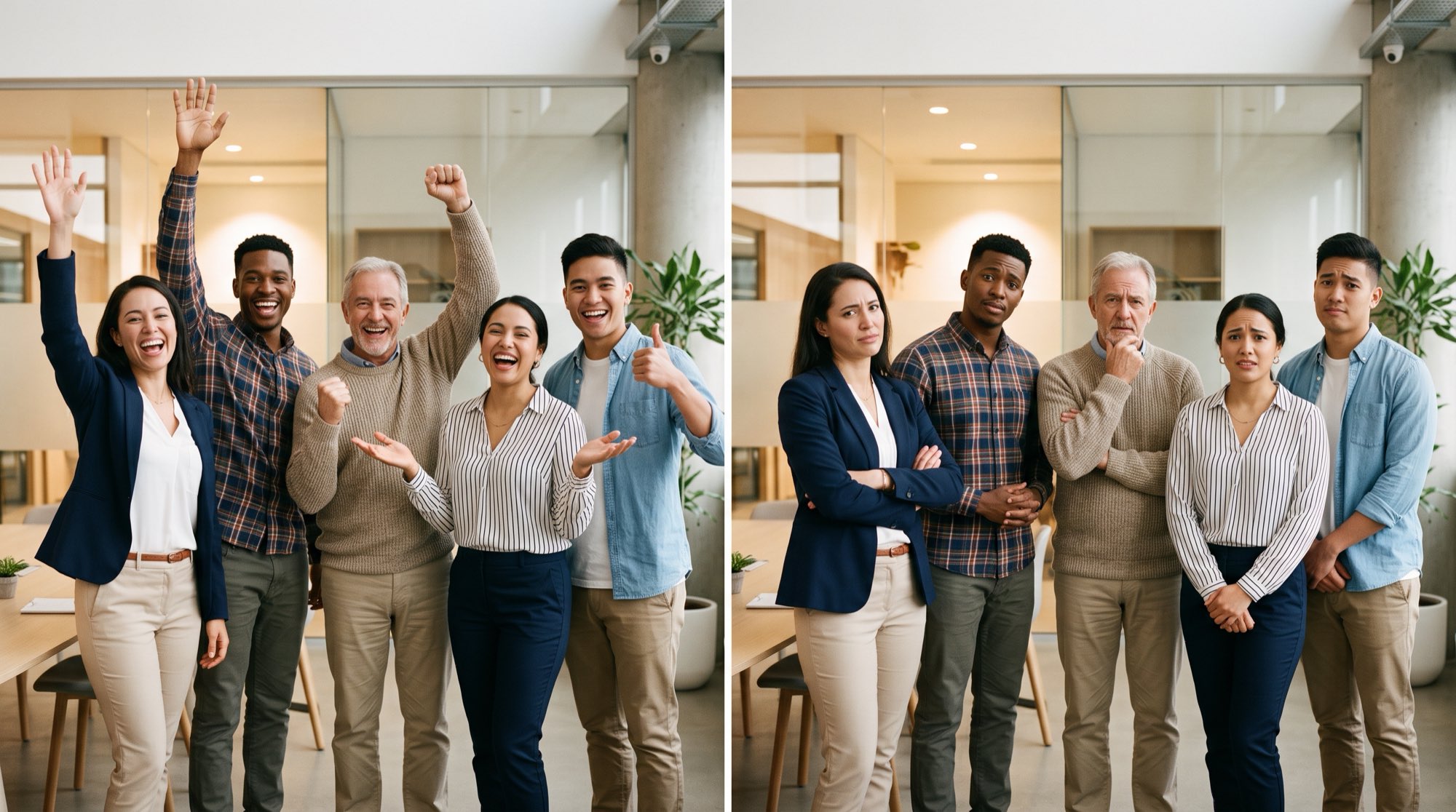 Fotorealistische Doppelaufnahme nebeneinander, dasselbe helle Büro mit Glaswand und Pflanze. Links stehen fünf Kolleginnen und Kollegen und heben begeistert die Hand, strahlende, lachende Gesichter. Rechts stehen dieselben fünf Menschen, keine Hand oben, Arme verschränkt oder Hand am Kinn, mit skeptischen, fragenden, verunsicherten Mienen.