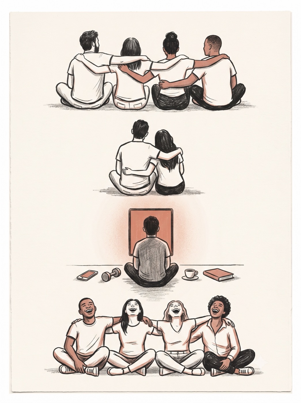 Illustration im Tinte-und-Terrakotta-Stil, vier Reihen untereinander. Oben vier Freunde von hinten, die Arme um die Schultern gelegt. Darunter nur noch zwei. Darunter ein Mensch allein vor einem leuchtenden Bildschirm, daneben am Boden ein Handy, eine Hantel, eine Tasse und ein Buch. Ganz unten dieselben vier Freunde, diesmal von vorne, die Arme umeinander gelegt, alle lachen mit zurückgeworfenem Kopf.