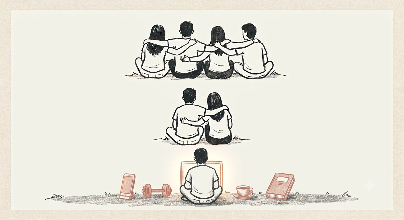 Illustration im Tinte-und-Terrakotta-Stil, drei Reihen untereinander, alle Menschen von hinten und am Boden sitzend. Oben vier Freunde eng nebeneinander, die Arme um die Schultern gelegt. In der Mitte nur noch zwei. Unten sitzt ein Mensch allein vor einem leuchtenden Bildschirm, und dort, wo vorher die Freunde saßen, stehen in derselben Linie ein Handy, eine Kurzhantel, eine Tasse und ein Buch.