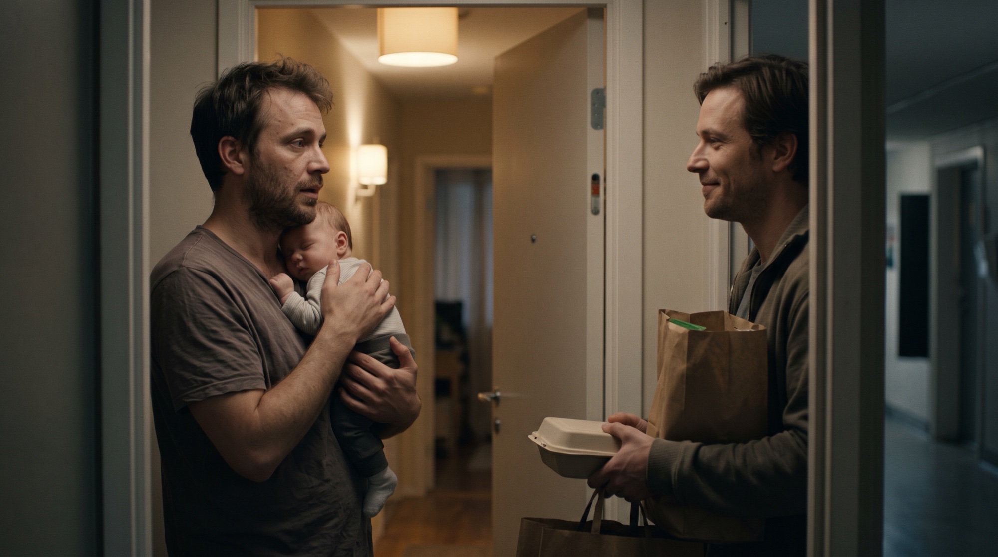 Fotorealistisches Kino-Still: eine Wohnungstür am frühen Abend, warmes Flurlicht. Ein übermüdeter junger Vater im zerknitterten T-Shirt hält ein schlafendes Baby an der Brust und schaut überrascht und gerührt. In der Tür steht sein Freund mit einer Einkaufstüte und einer Essensbox und lächelt ihn an.